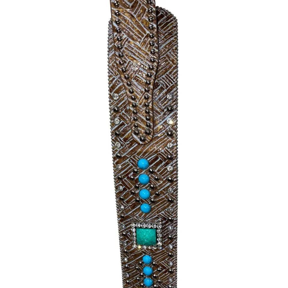 Ariat Wide Brown Western Rhinestone & Turquoise Genuine Leather Belt XL With Sil